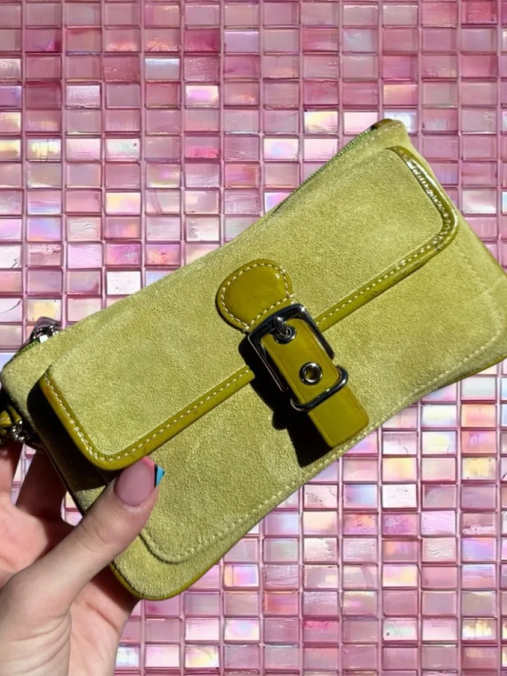 Coach Yellow-Lime Suede Wristlet Clutch with Patent Trim - Picture 2 of 6